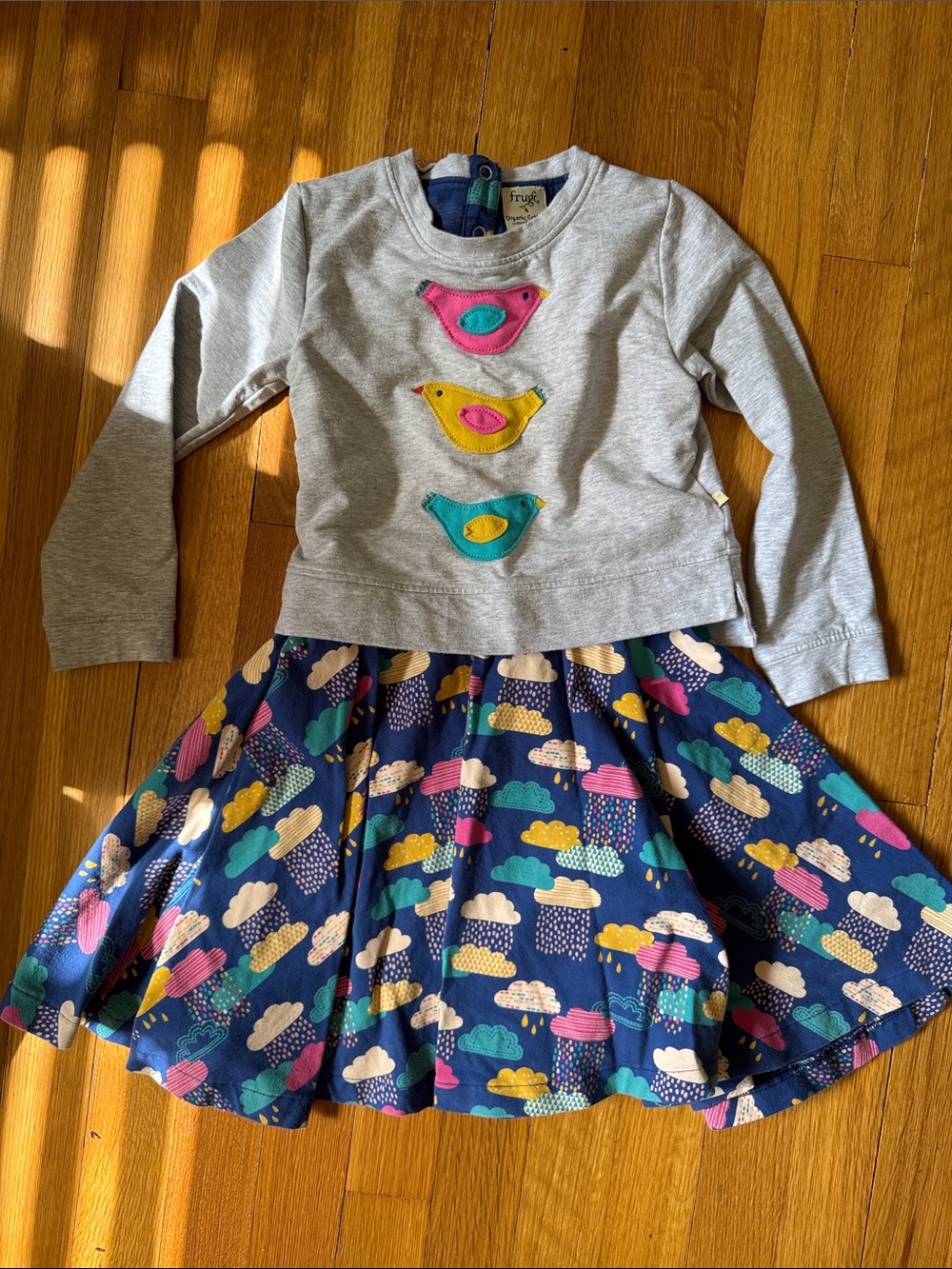 Frugi Girls' Grey Sweatshirt Dress with Navy Cloud Print Skirt